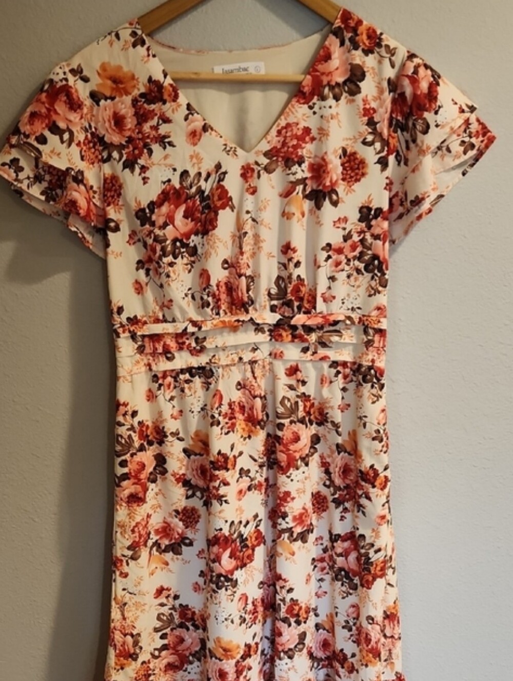 Jasambac Women Elastic Waist Midi Dress Short Sleeve V-Neck Flared A-Line Dress